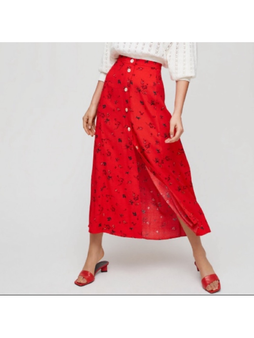 Aritzia Red Button-Front Midi Skirt with Black Floral Print